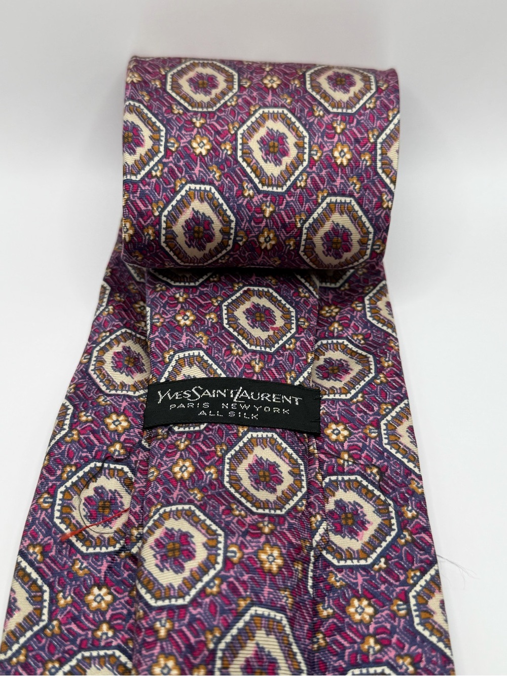 Yves Saint Laurent Purple, Cream and Gold Geometric Silk Tie